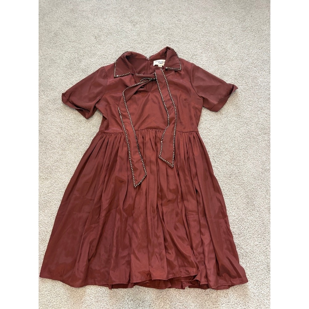 Jessakae Darby Dress Womens 1X Burgundy Brown Satin Formal Tie Neck Party